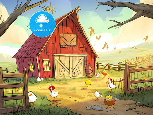 Cartoon Farm Background, Cartoon Chickens In A Barn