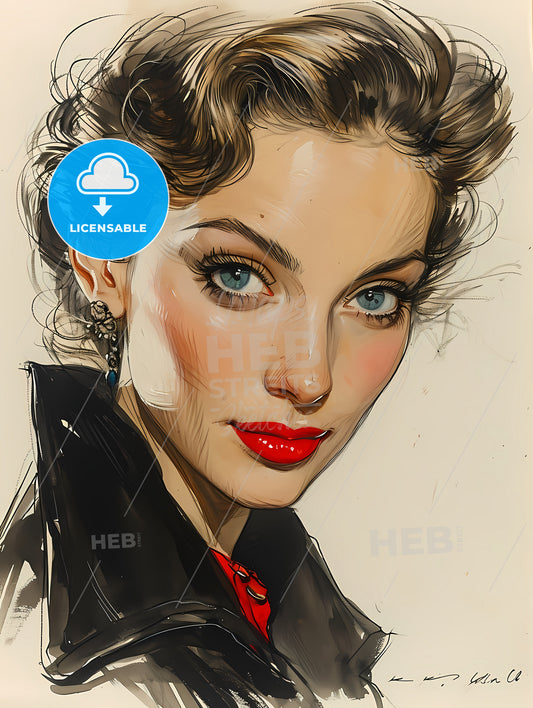Drawing, A Woman With Blue Eyes And Red Lipstick