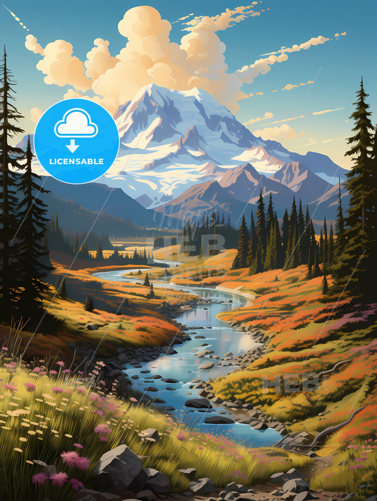 Mount Rainier National Park, A River Running Through A Valley With Trees And A Mountain In The Background