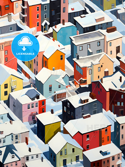 Snowy Urban Roofs Seen From Above, A Group Of Colorful Buildings Covered In Snow