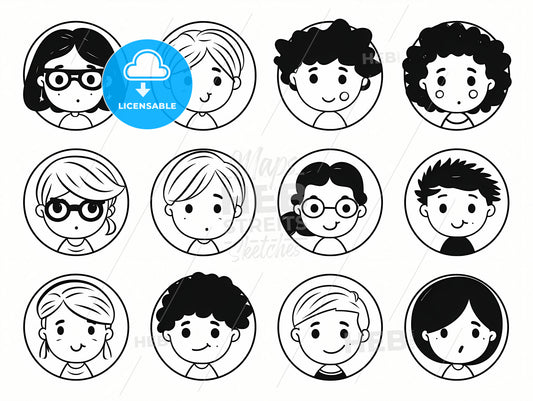 Black And White Cartoon Character Faces, A Group Of Cartoon Faces