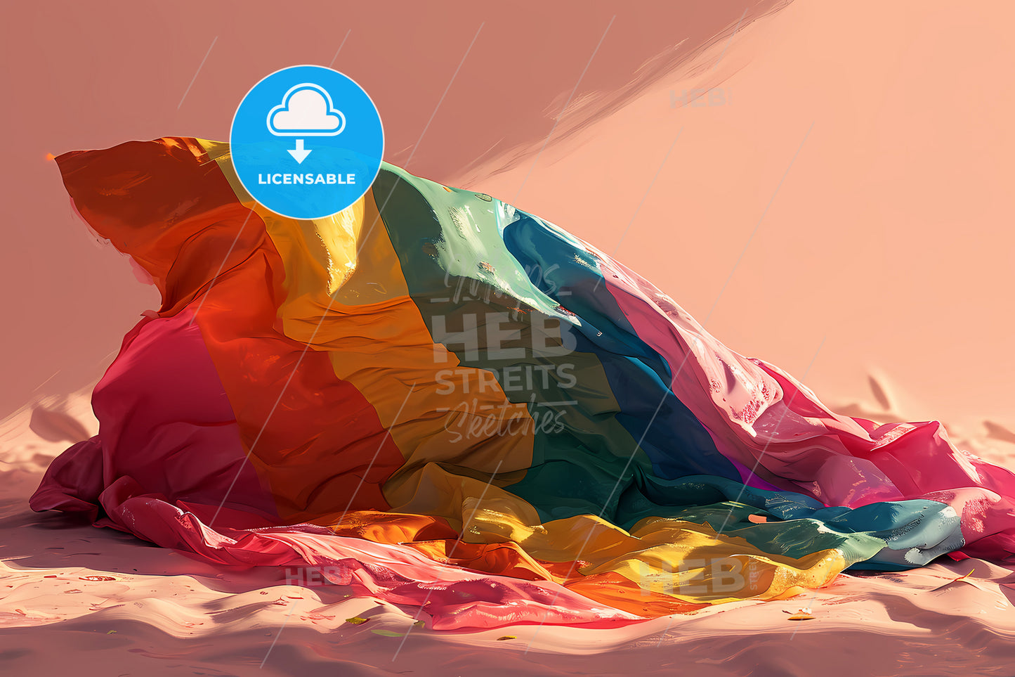 An Illustration Of A Rainbow Flag, A Rainbow Colored Blanket On A Bed