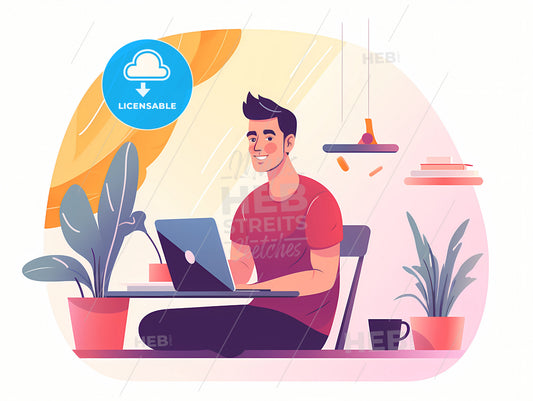 Young Man Working From Home, A Man Sitting At A Desk With A Laptop