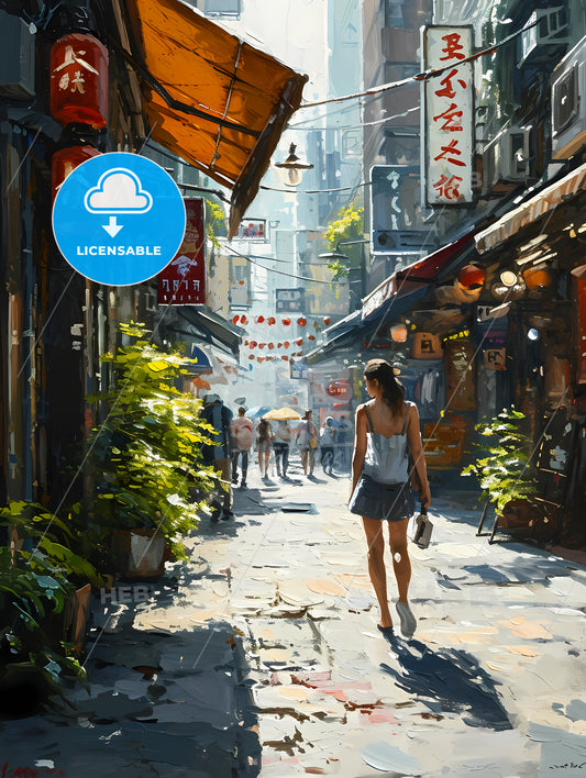 Oil Painting Tokyo, A Woman Walking Down A Street
