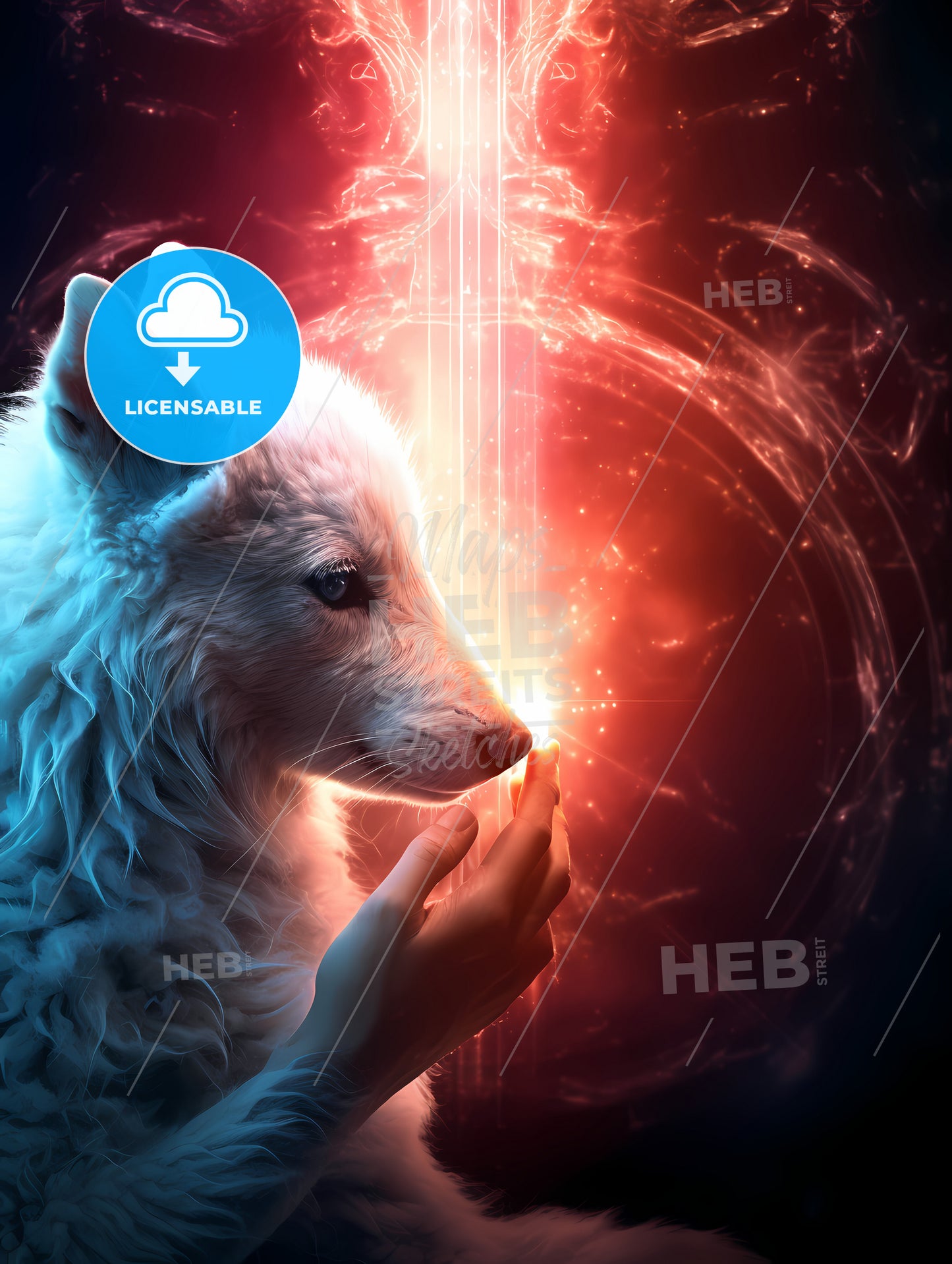 A Wolf Is Petting A Lamb Gently, A White Wolf With A Light Shining On Its Face