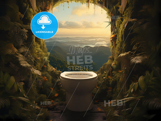 A Realistic Photo Of A Toilet, A Toilet In A Cave With Plants And Mountains In The Background