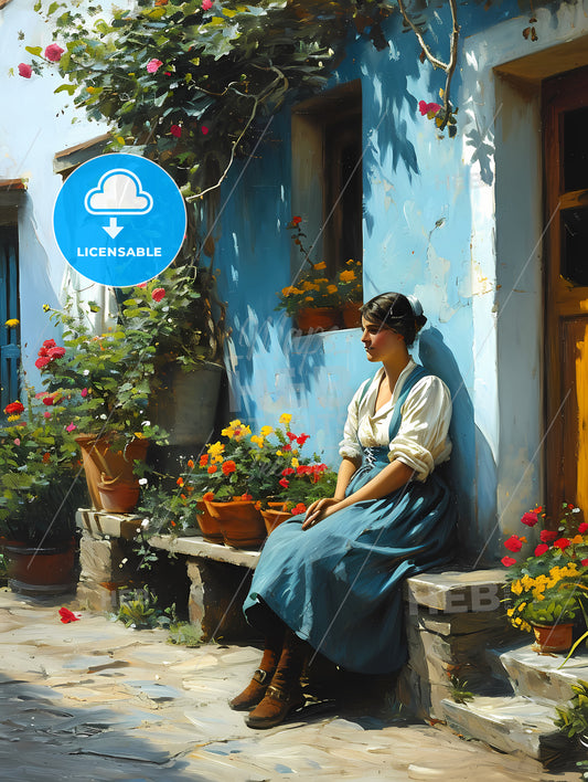 Oil Painting Of A 34 View, A Woman Sitting On A Bench Outside A Building