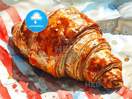 Croissant On An Striped Background In Watercolor, A Watercolor Of A Croissant