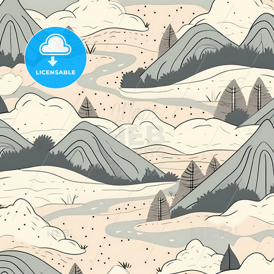 Hand Drawn Landscape, A Landscape With Mountains And Trees