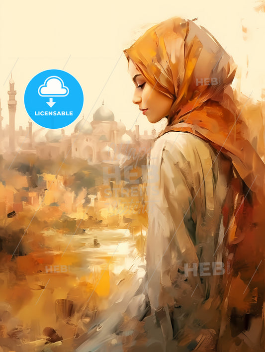 Beautiful Woman Wearing Hijab, A Woman Looking At A City