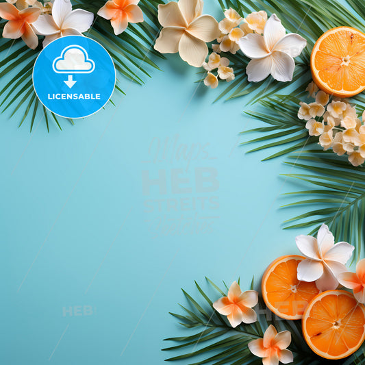 Welcome Summer Background, A Group Of Oranges And Flowers On A Blue Background