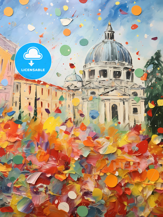 Colorful Confetti, A Painting Of A Building With A Dome And Colorful Confetti