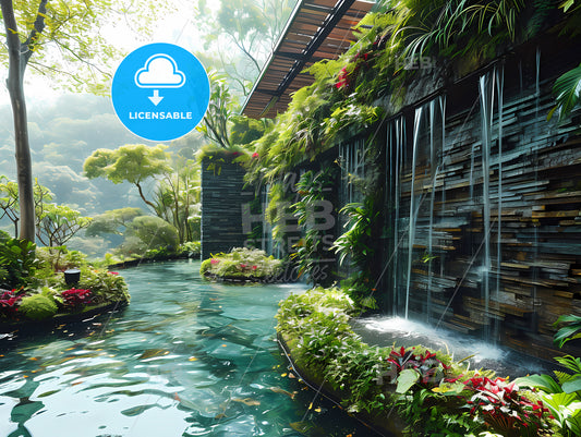 Design Of A Modern Real Estate, A Waterfall In A Garden