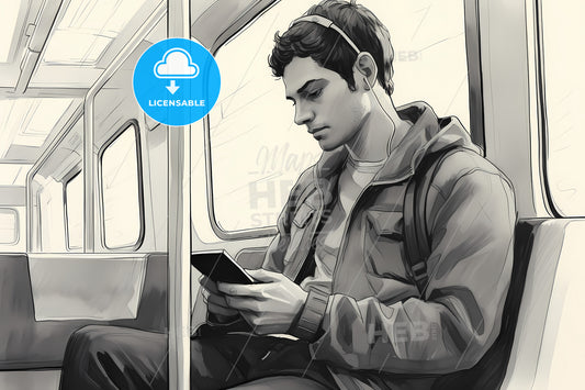 A Man 30 Years Old Sitting Inside A Train, A Man Sitting On A Train Looking At His Phone