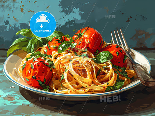 A Bowl Of Tomato Pasta With Good Color, A Plate Of Pasta And Tomatoes