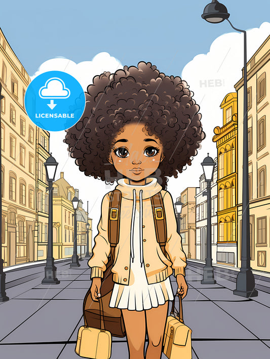 Cute Afro Girl, Cartoon Girl With Curly Hair Walking Down A Street