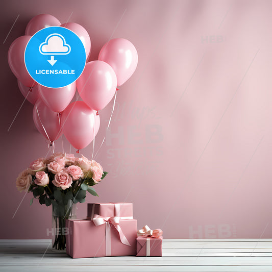 Happy Birthday Background, A Bouquet Of Pink Roses And Balloons