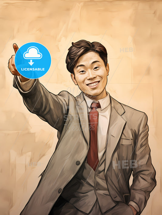 Handsome And Happy And Suprised Asian Man, A Man In A Suit Pointing His Finger