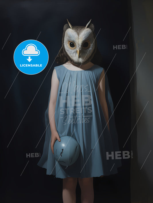 A Young Child Dressed In A Blue Dress, A Girl Wearing A Owl Mask