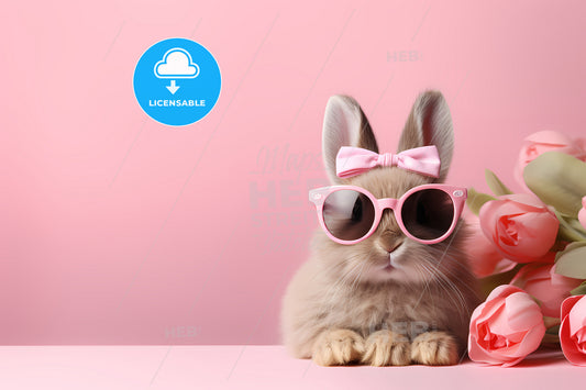 Stylish Easter Rabbit With Copy Space, A Bunny Wearing Pink Sunglasses And A Pink Flower