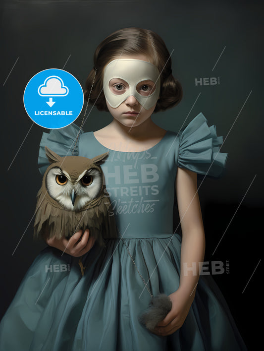 A Young Child Dressed In A Blue Dress, A Girl In A Blue Dress Holding An Owl