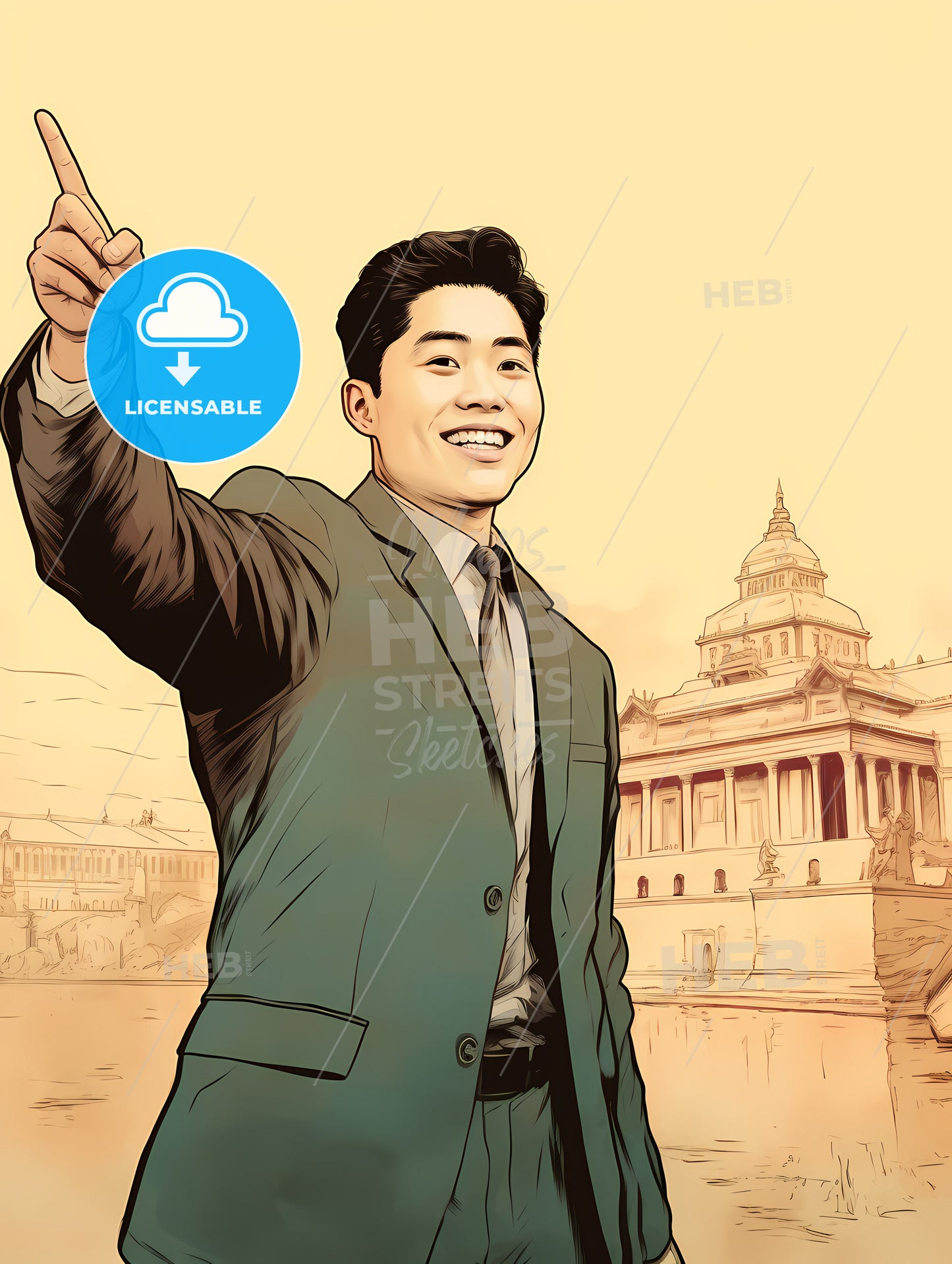 Handsome And Happy And Suprised Asian Man, A Man In A Suit Pointing Up