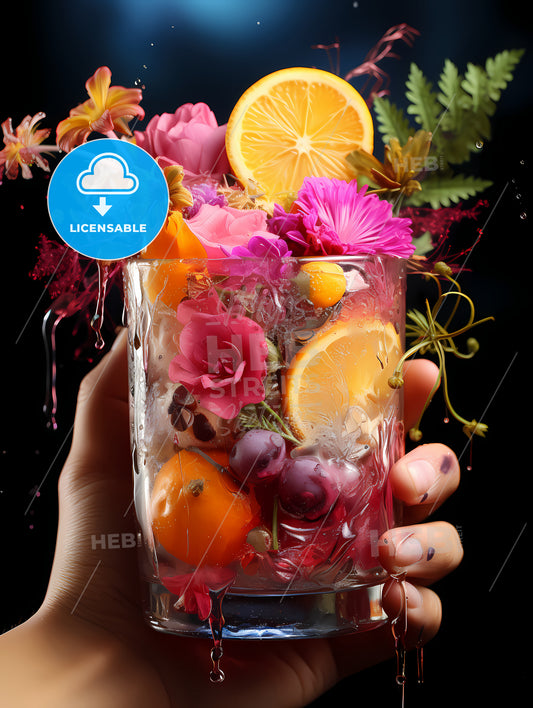 A Person Holding A Vase Of Flowers, A Hand Holding A Glass With Flowers And Fruits