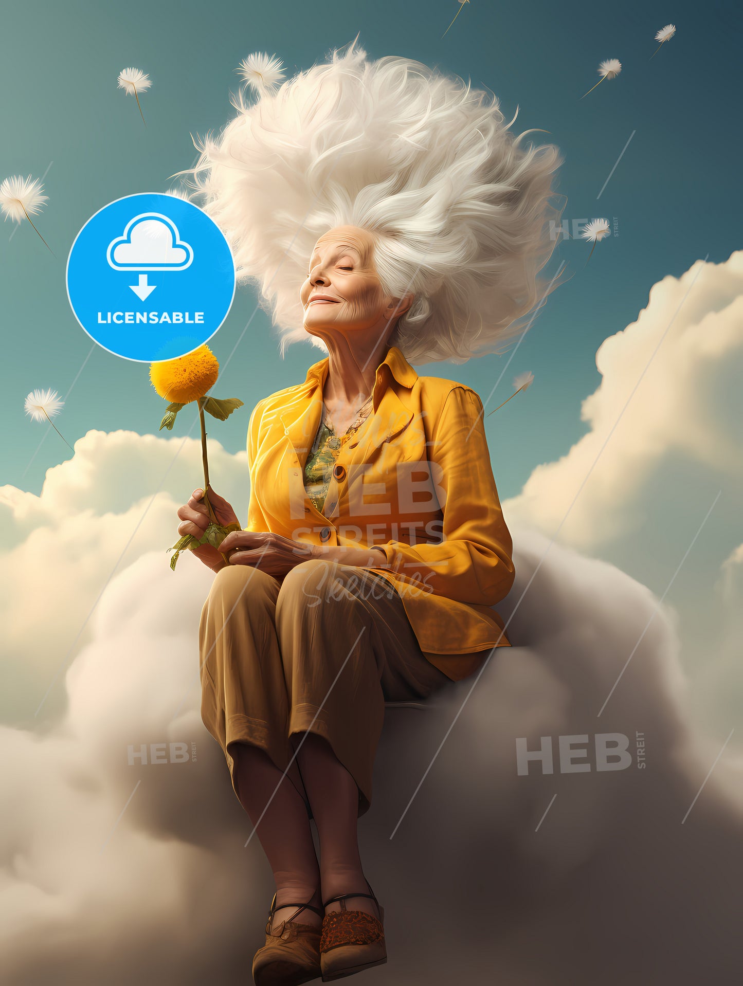An Old Woman With A Dandelion, A Woman Sitting On A Cloud With A Yellow Flower