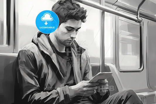 A Man 30 Years Old Sitting Inside A Train, A Man Sitting On A Bus Looking At His Phone