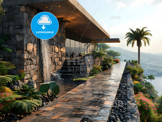 Design Of A Modern Real Estate, A Building With A Waterfall And Palm Trees