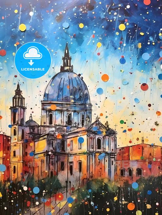 Colorful Confetti, A Painting Of A Building With A Dome And Colorful Confetti