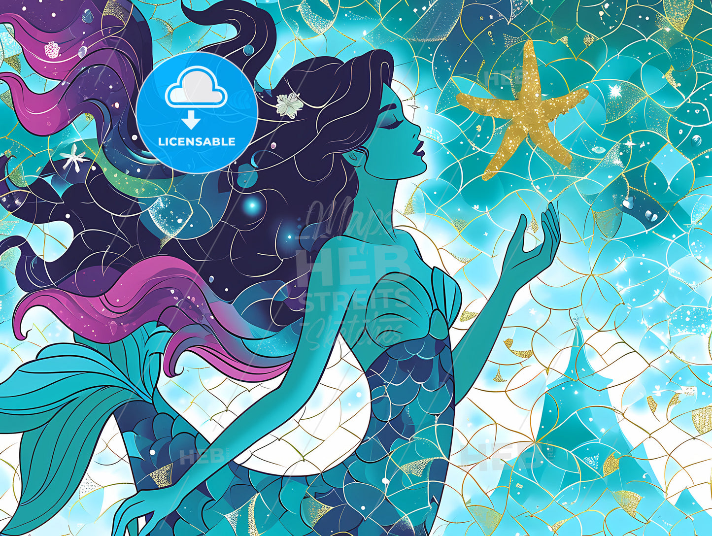 A Happy Birthday Birthday To A Little Mermaid, A Mermaid With Long Hair And A Starfish