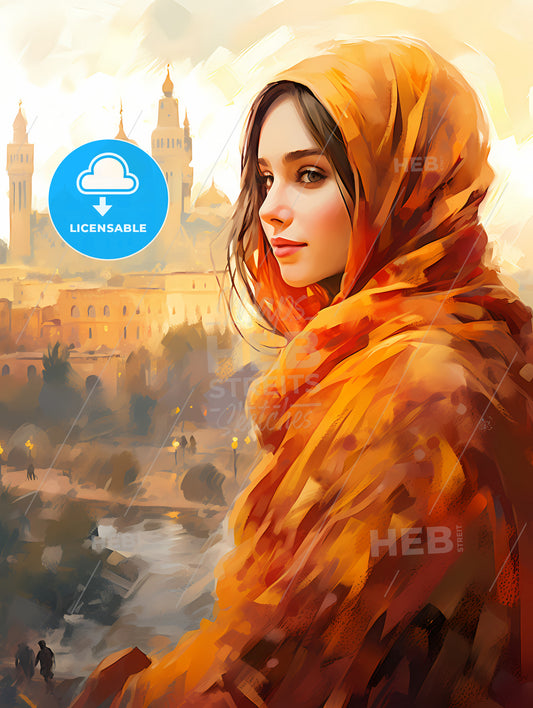 Beautiful Woman Wearing Hijab, A Woman In Orange Scarf Looking At A City