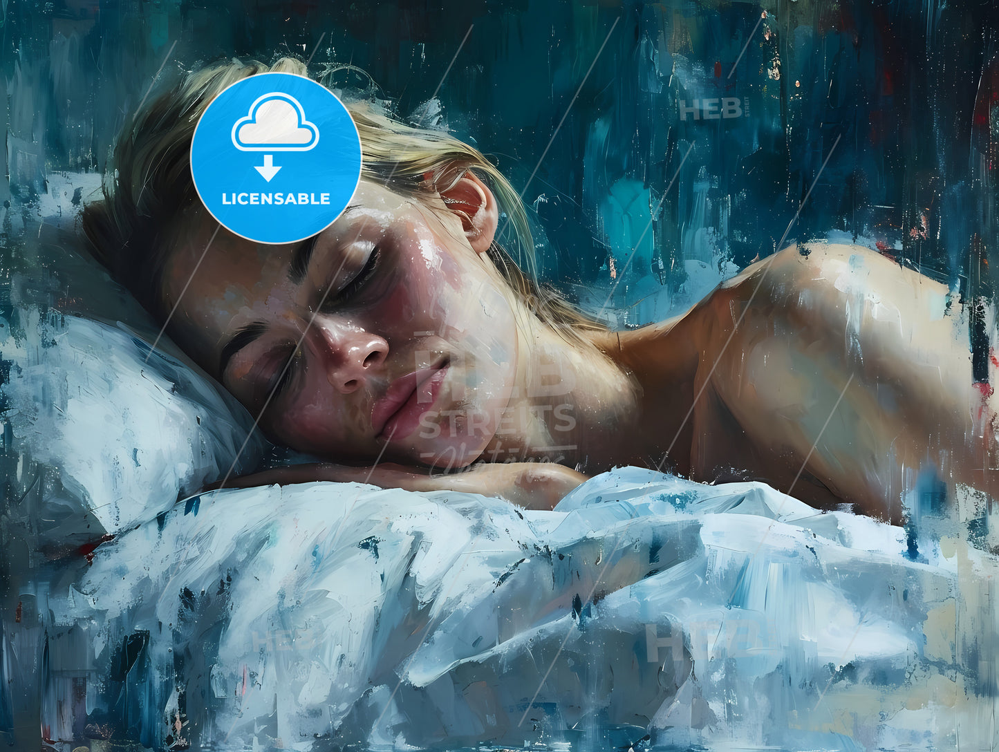 Painted Portrait Of Woman In Bed, A Woman Sleeping On A Bed