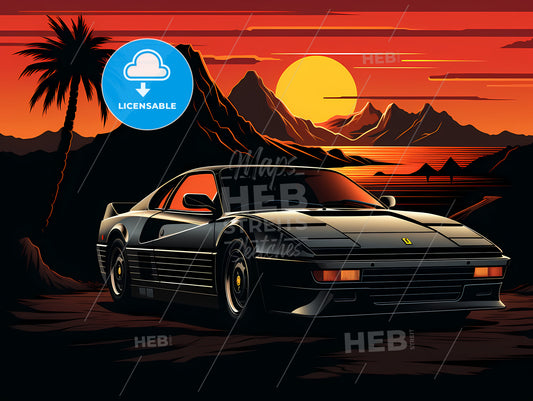 80S Retro Style Designs Of 80S Car, A Sports Car In Front Of Mountains And Palm Trees