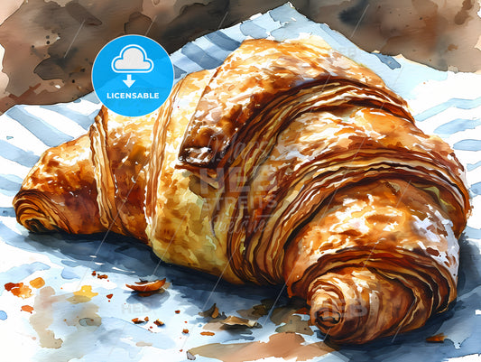Croissant On An Striped Background In Watercolor, A Close Up Of A Croissant