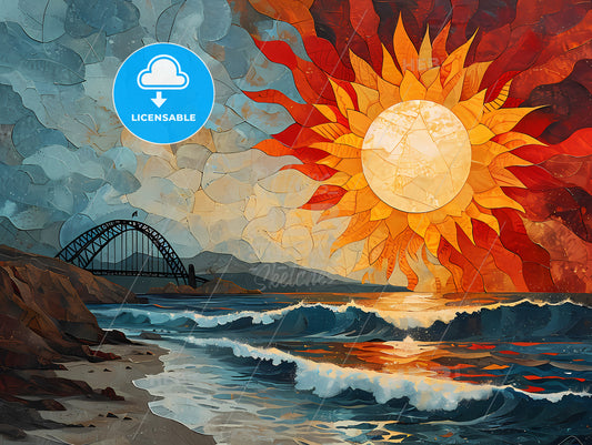 Soul Of Sydney Australia, A Painting Of A Sun And A Bridge