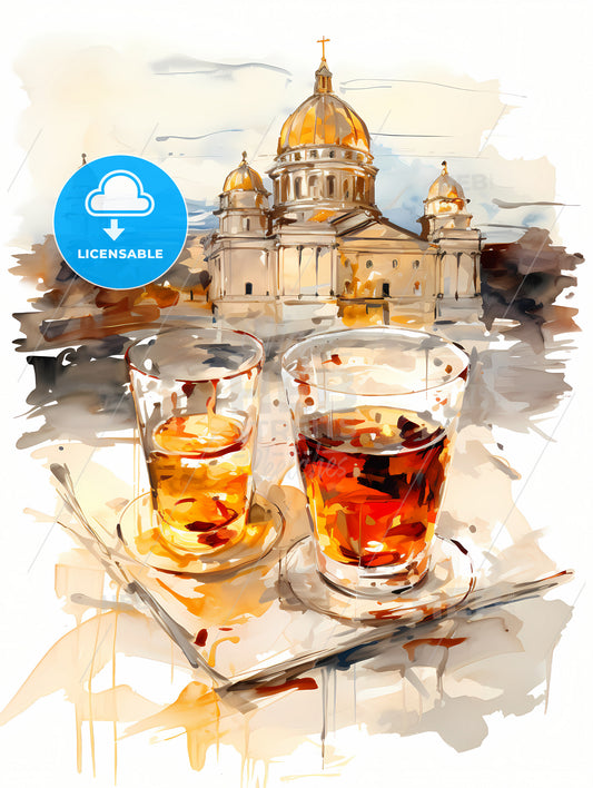 White Russian Cocktail, A Watercolor Of Two Glasses Of Liquid On A Tray With A Building In The Background