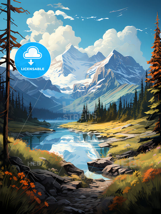 Rocky Mountains Canada, A River With Trees And Mountains In The Background