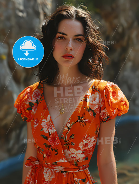 A Beautiful Woman Posing Next To A Swimming Pool, A Woman In An Orange Dress