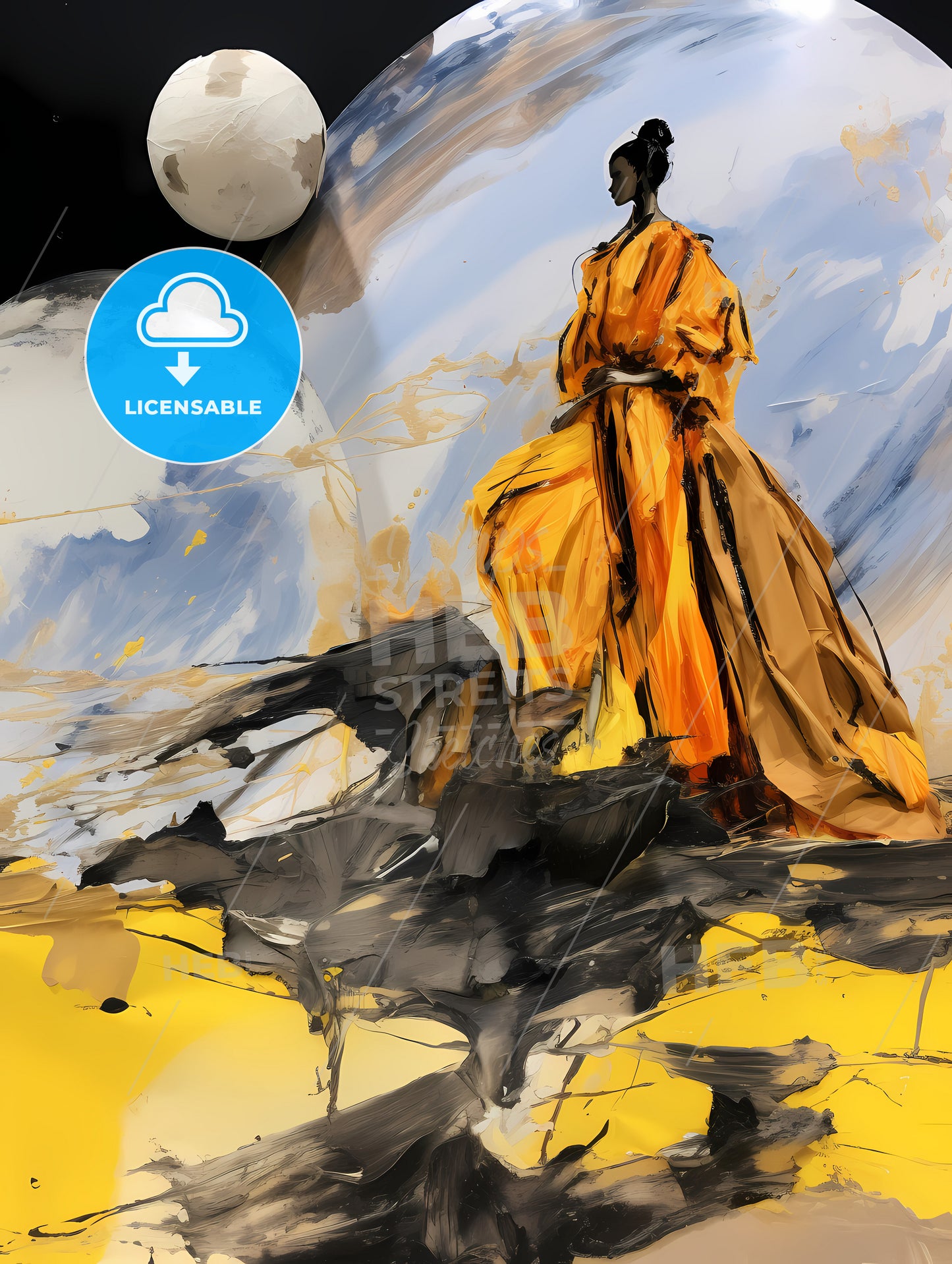 A Fashion Shoot On Saturn , A Woman In A Yellow Dress