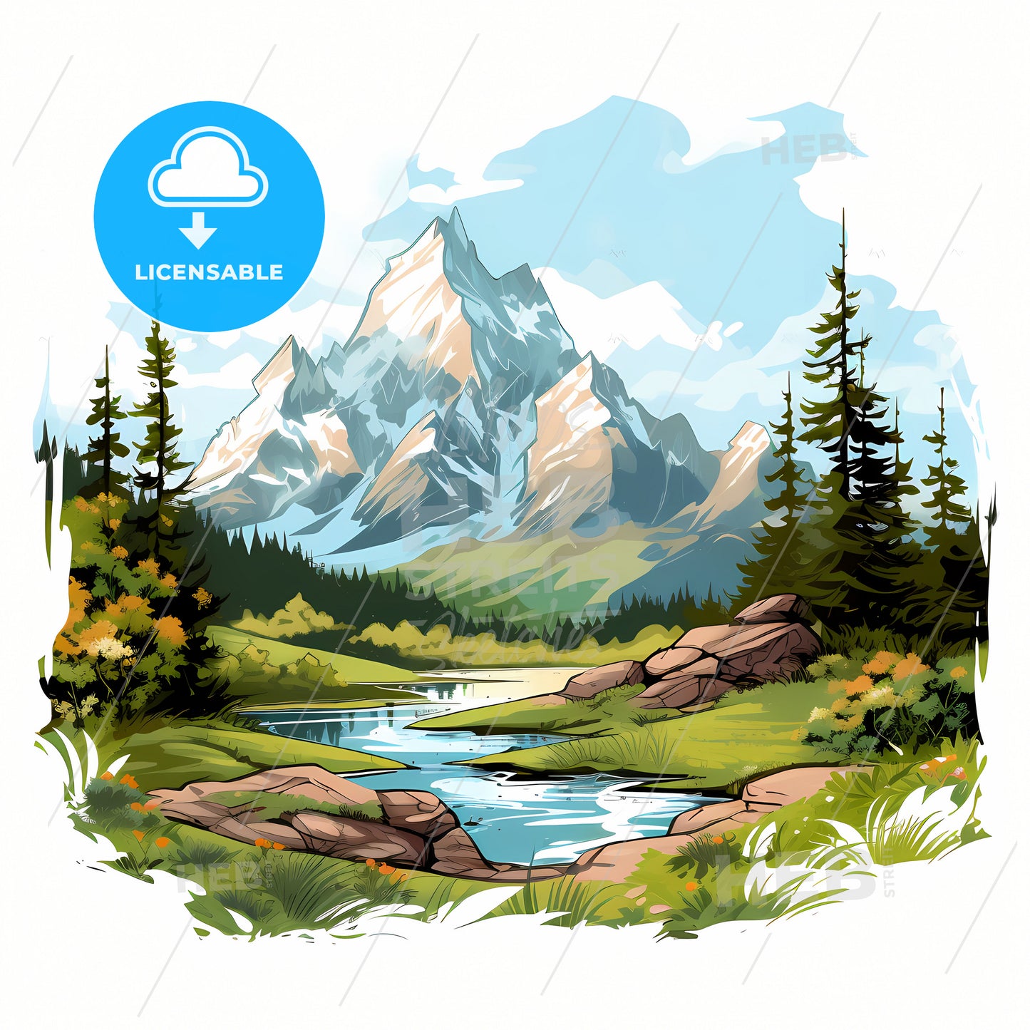 A Mountain View Illustration, A River Running Through A Forest