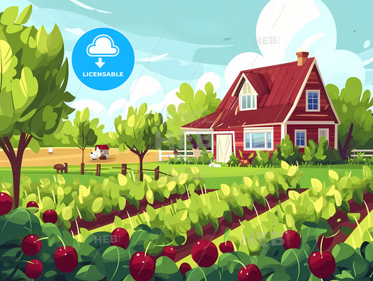 Cartoon Farm Background, A Farm With A House And Trees