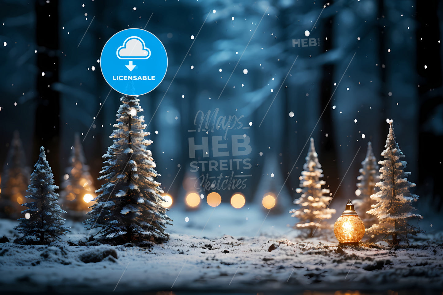 Christmas Winter Background, A Snowy Forest With Trees And Lights