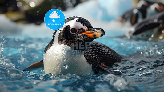 A Cute Little Penguin In The Blue Sea, A Penguin Swimming In Water