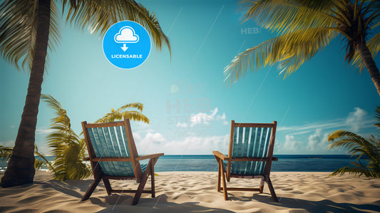 On A Sunny Beach With A Palm Tree, Two Chairs On A Beach