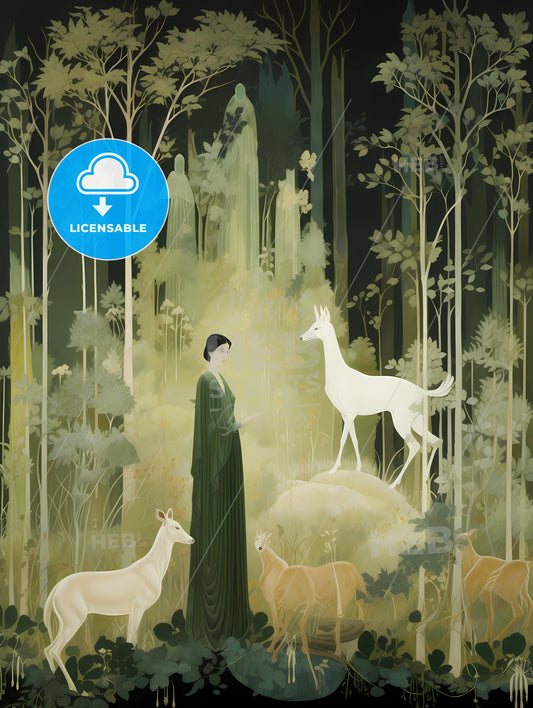 The Large Tapestry And Its Green Colors, A Woman In A Green Robe Surrounded By Deer