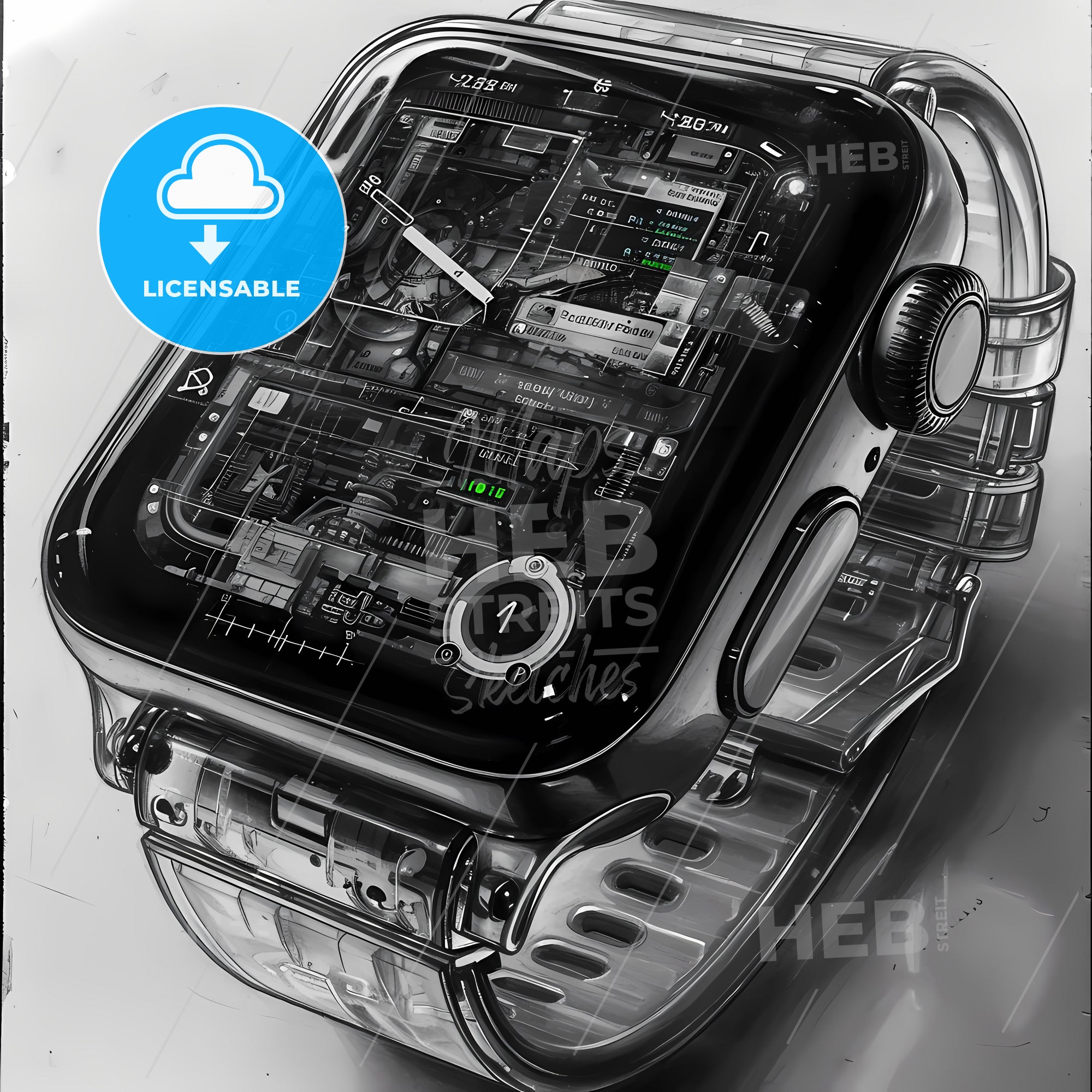 A Pencil Drawing Of Concept Smart Watch, A Digital Watch With A Black ...