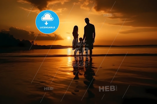 Silhouette Of Happy Family Together, A Group Of People Standing On A Beach