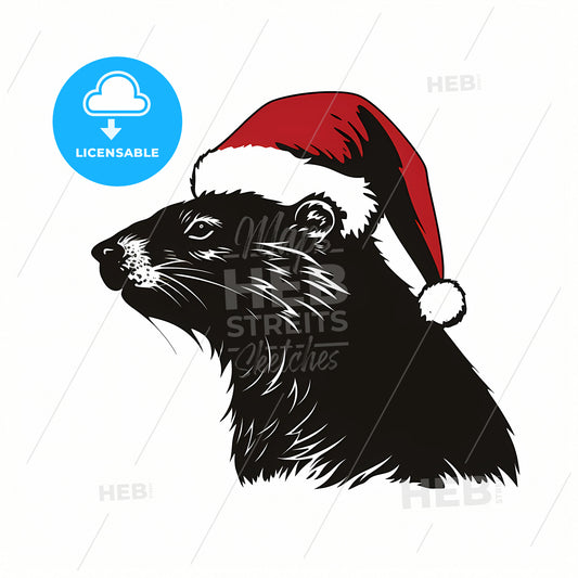 Silhouette Of A Smiling Beaver, A Black And White Image Of A Rodent Wearing A Red And White Hat